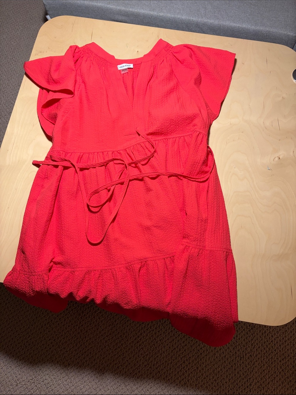 Calvin Klein Coral-Red Tie-Waist Flutter Sleeve Dress
